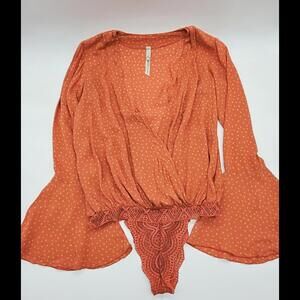 Free People Bell Sleeve Longsleeve Bodysuit Deep V-Neck Orange/ Yellow Small